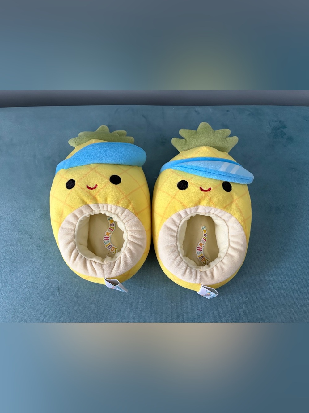 Squishmallows Yellow Pineapple Kids Slippers with Blue Visors